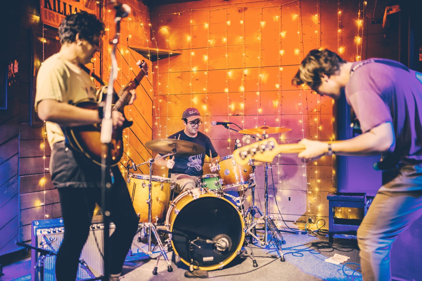 Adventureland playing a show under string lights